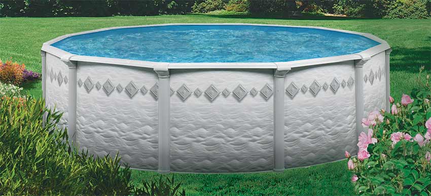 Round above-ground pool set in a landscaped backyard